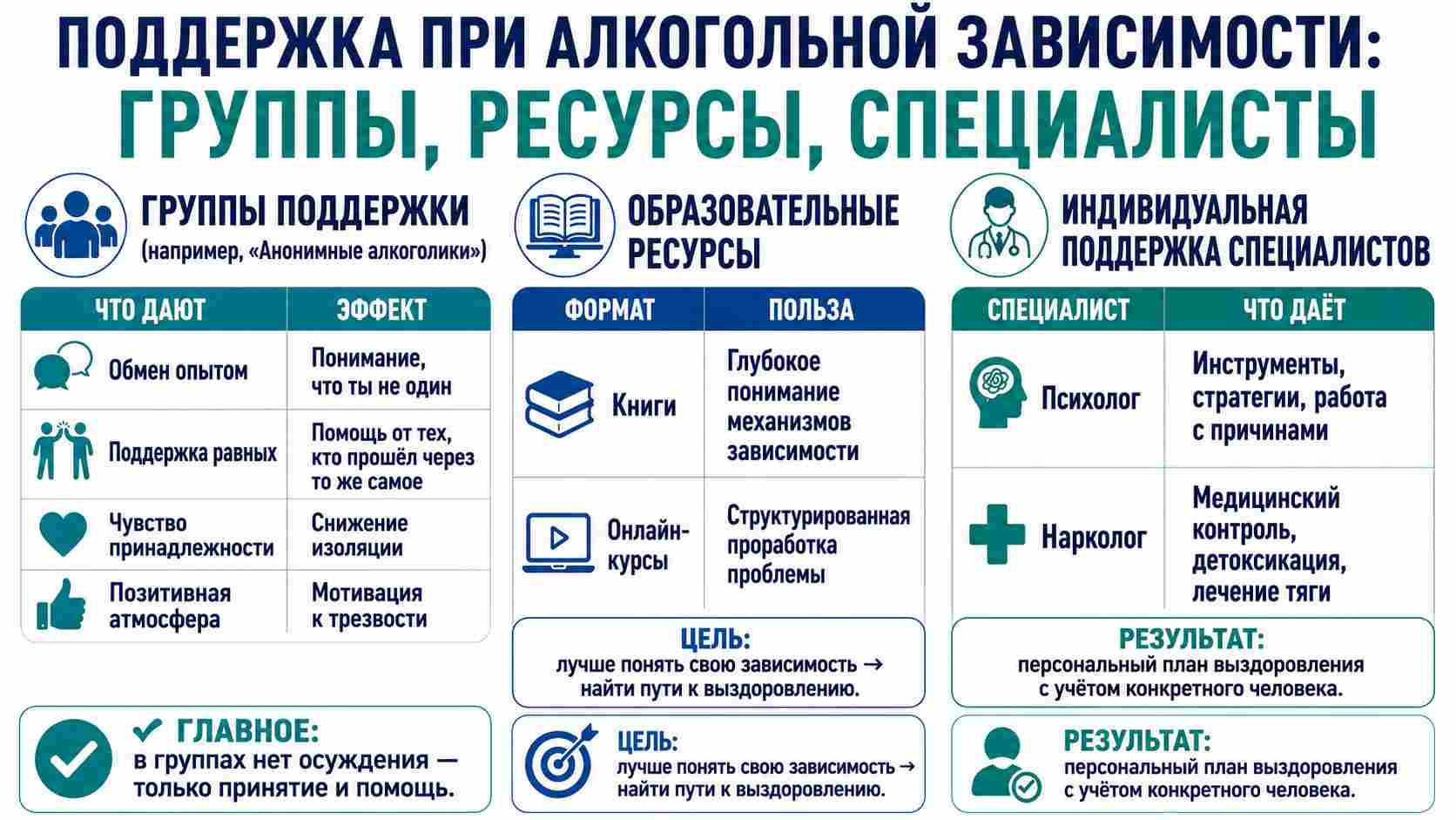Инфографика о поддержке при алкогольной зависимости