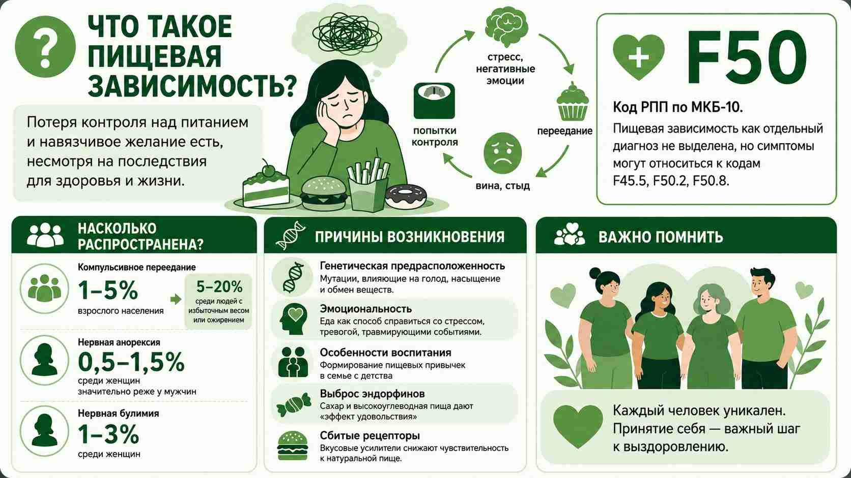 Инфографика о пищевой зависимости: определение, основные причины развития, распространённость расстройств пищевого поведения и особенности классификации по МКБ-10.