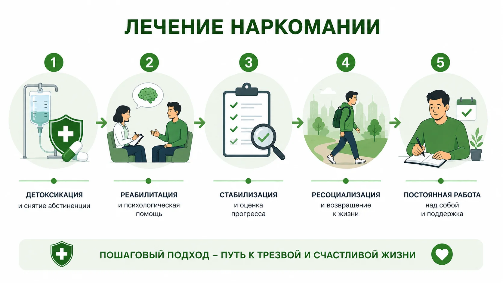 Инфографика с основными этапами лечения наркомании: детоксикация, реабилитация, стабилизация, ресоциализация и долгосрочная психологическая поддержка.