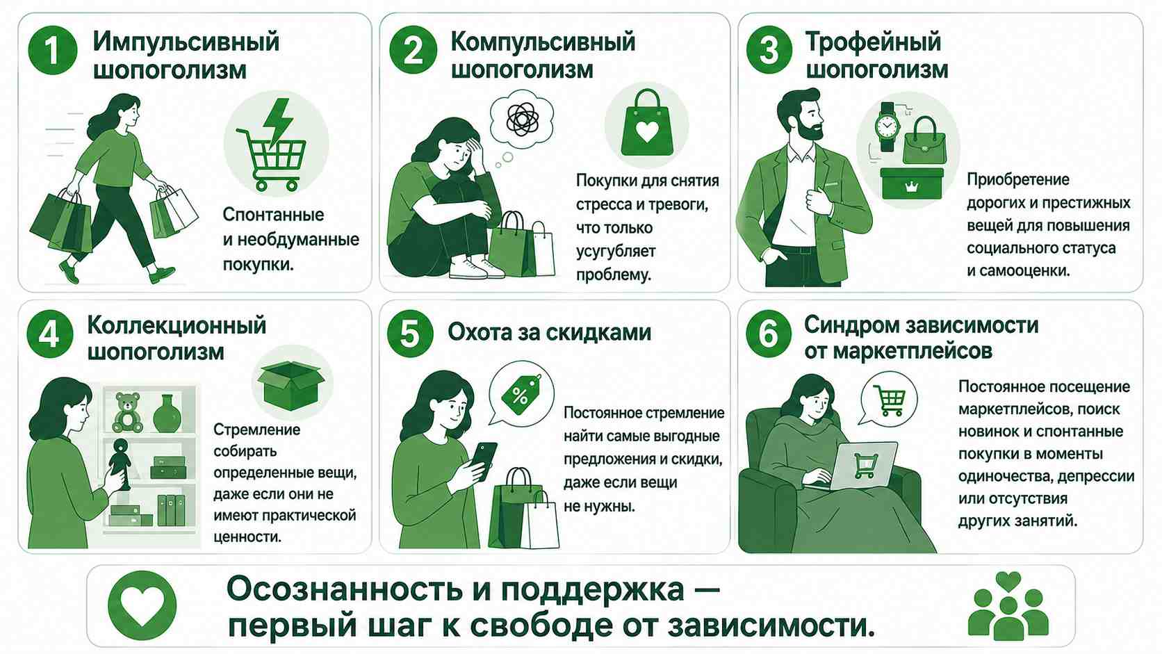 Схема шести форм проявления ониомании: импульсивный, компульсивный, трофейный и коллекционный шопоголизм, охота за скидками и зависимость от маркетплейсов.