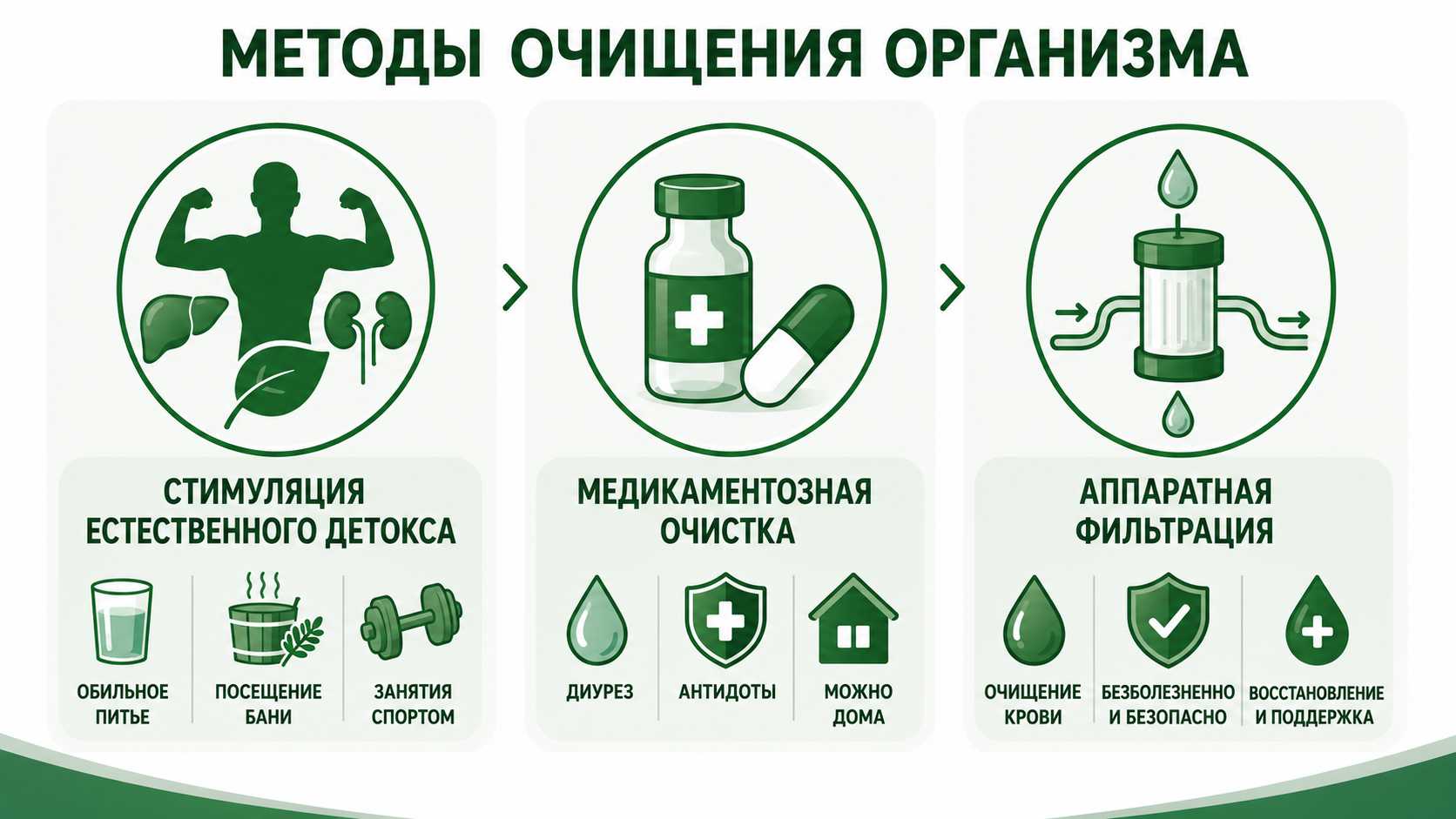 Схема основных методов очищения организма от наркотических веществ: стимуляция естественной детоксикации, медикаментозная очистка с применением препаратов и аппаратная фильтрация крови.