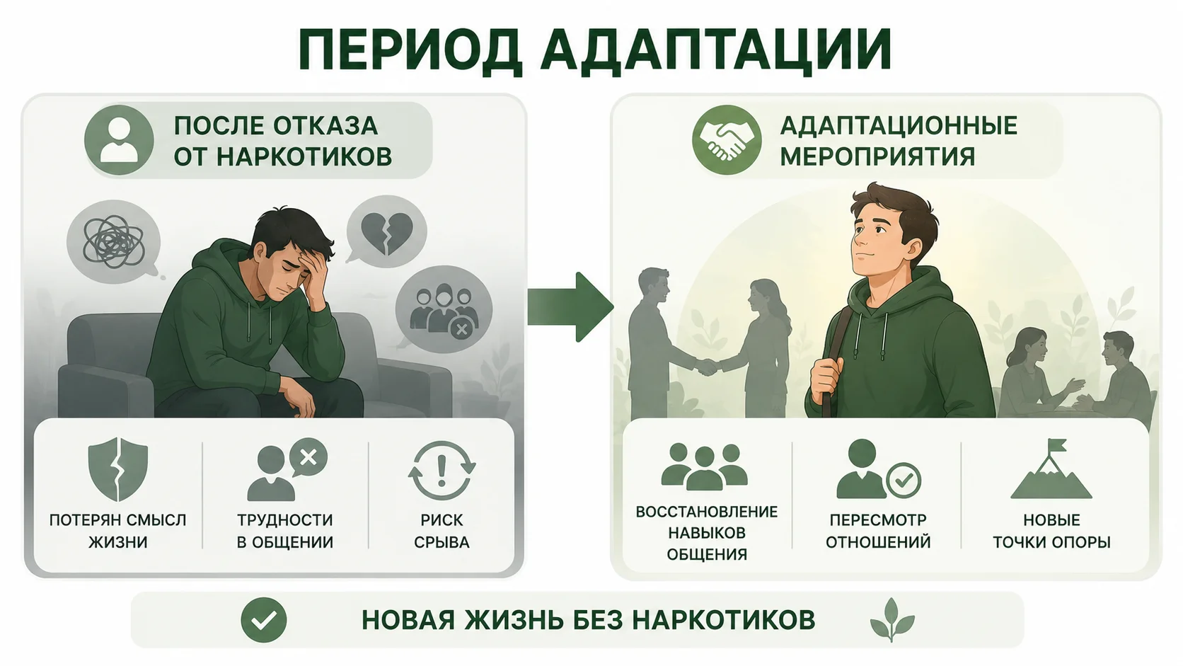 Инфографика о периоде адаптации после отказа от наркотиков: восстановление общения, новые жизненные ориентиры, развитие уверенности и профилактика срыва.