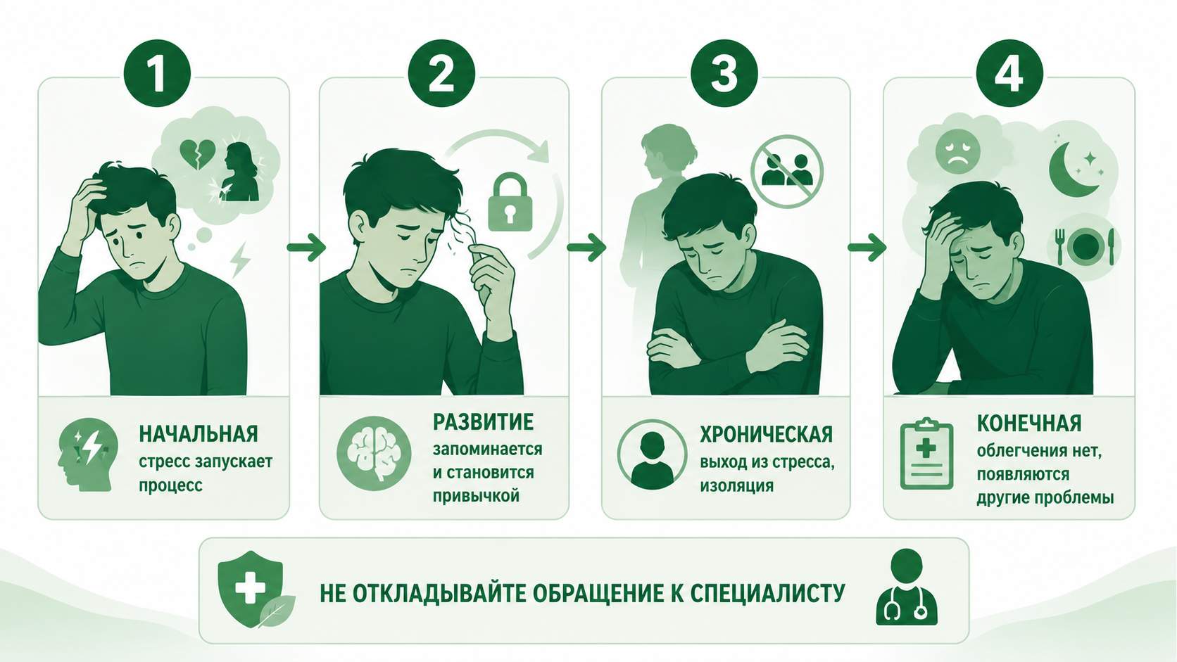 Стадии заболевания: начальная — стресс запускает выдергивание волос; развитие — формируется привычка; хроническая — изоляция и использование как способ справиться со стрессом; конечная — ухудшение состояния и отсутствие облегчения.