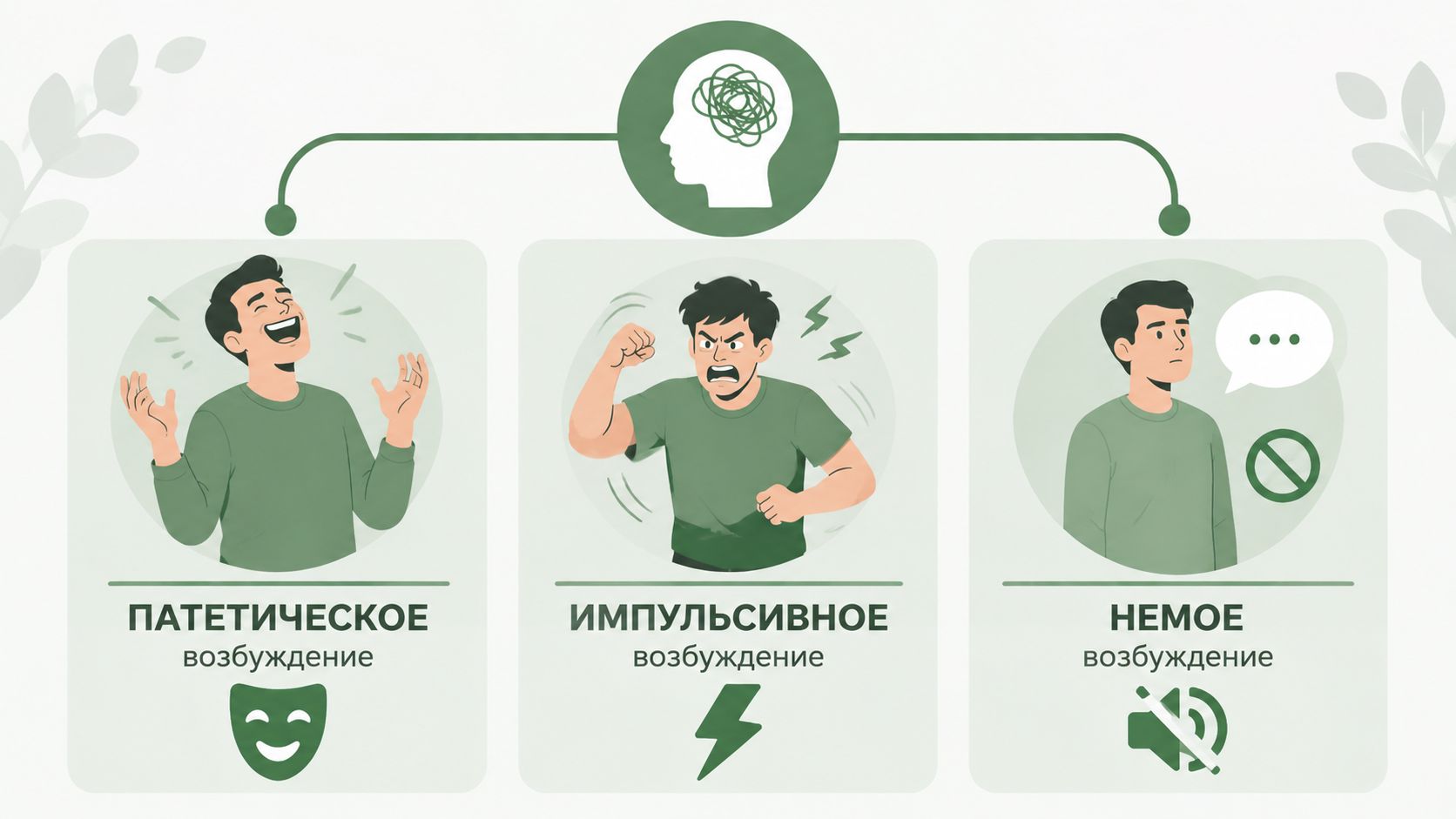 Инфографика с тремя типами возбуждения: патетическое, импульсивное и немое. Показаны особенности поведения при каждом состоянии.