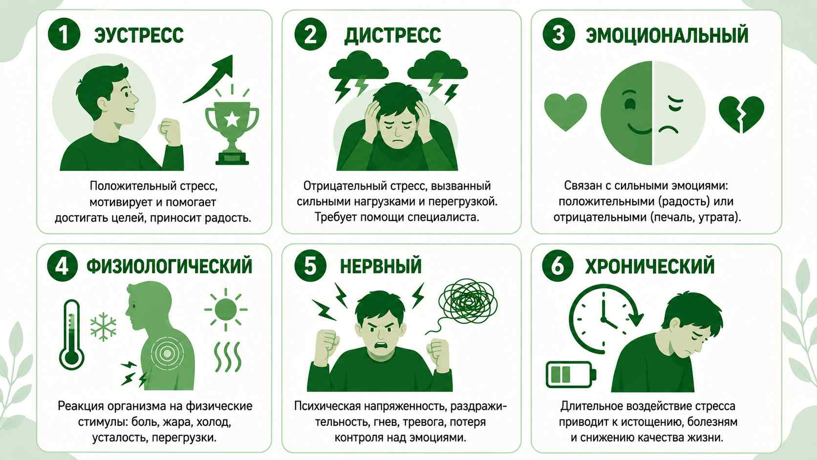 Схематичное изображение видов стресса в зеленой цветовой гамме: эустресс, дистресс, эмоциональный, физиологический, нервный и хронический. Минимум текста, крупные подписи и простые иконки.